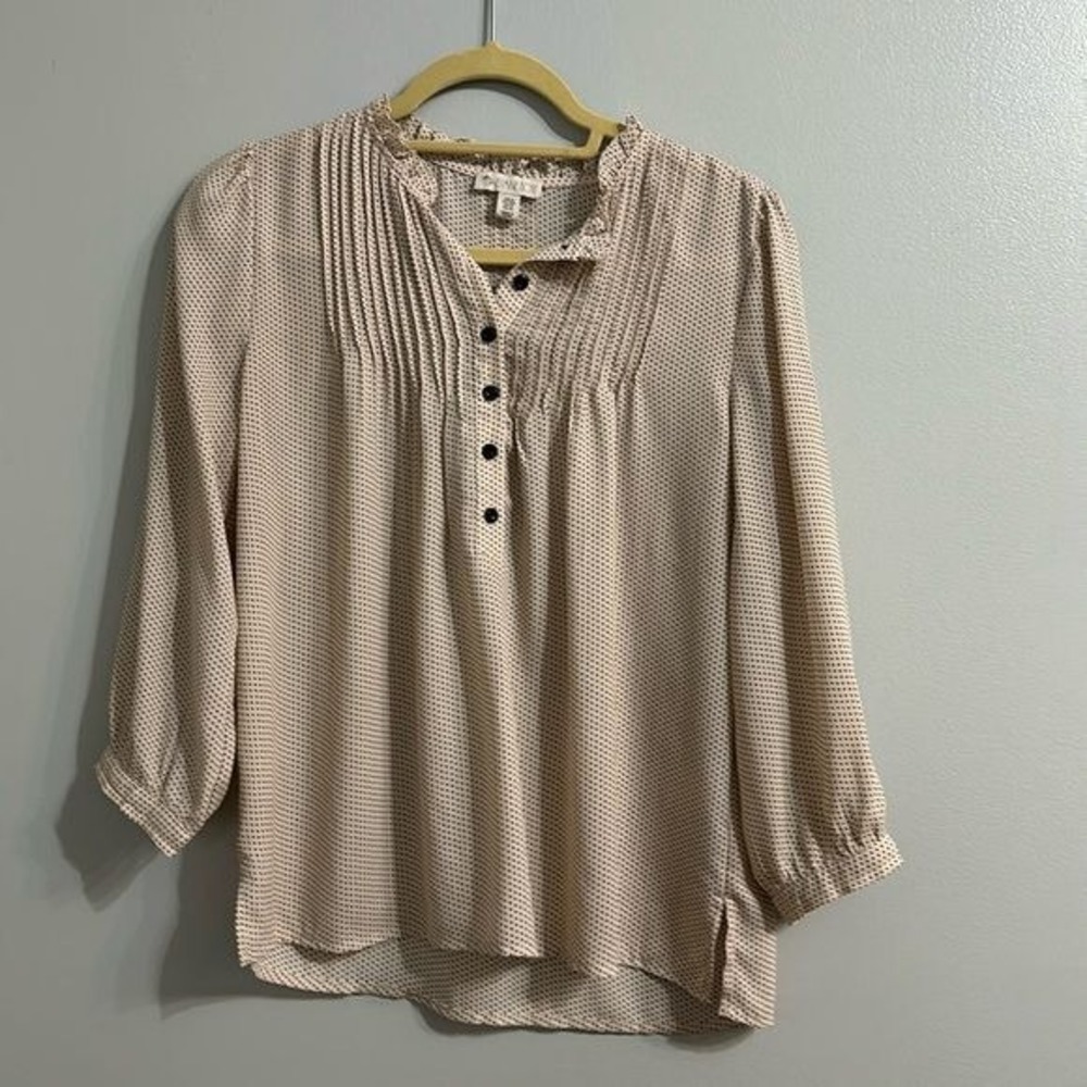 Eliane Rose Blouse Women's Size Small Polka Dot 3/4 Sleeve Pleated Henley